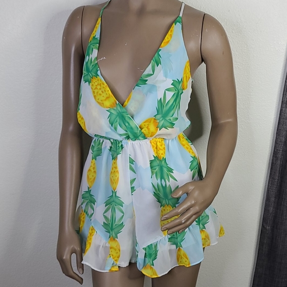 Liscel Pants - Romper Size Small Blue Pineapple Tropical Strappy Back Chiffon Travel Miami Fun